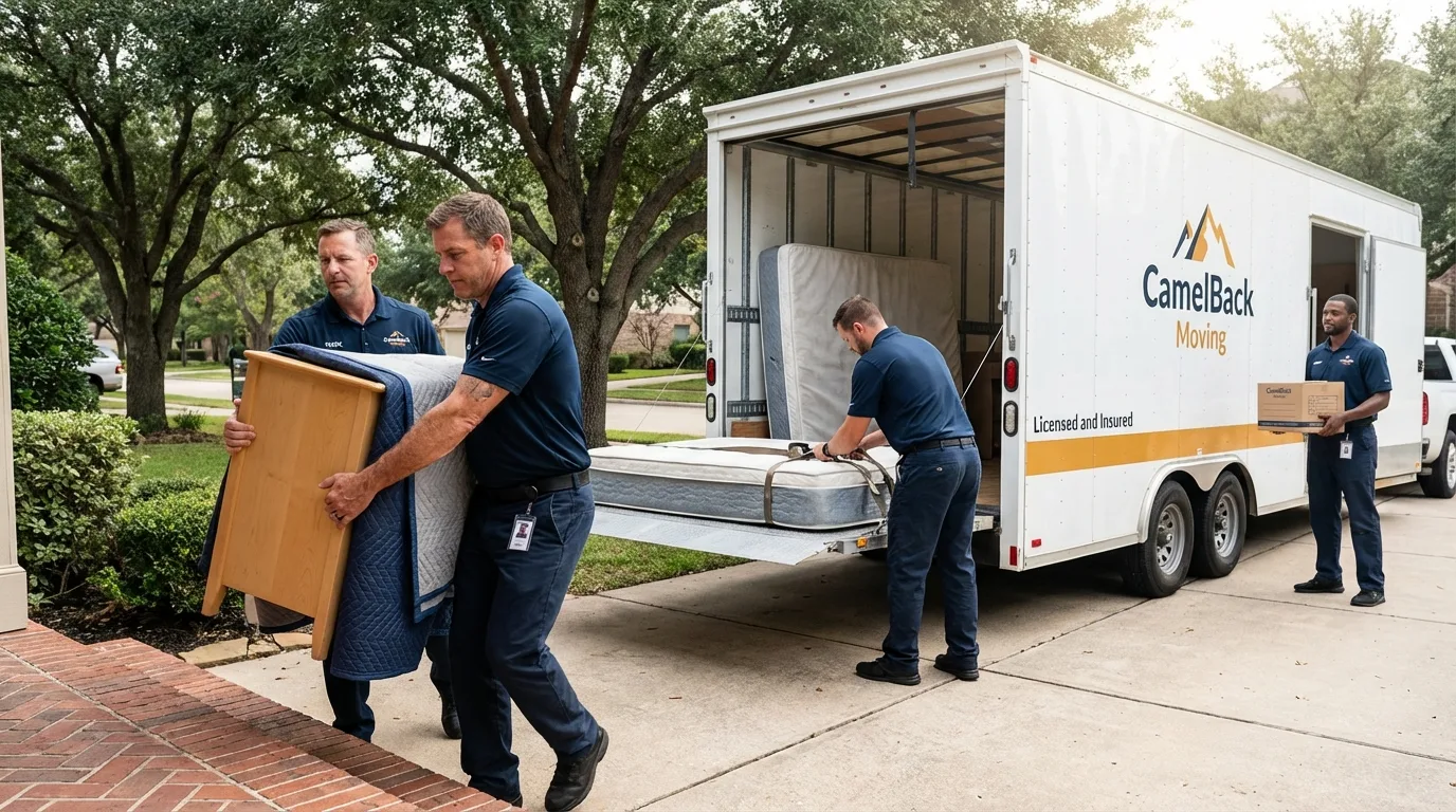 Crew loading residential truck for cross-state move from Peotone, IL