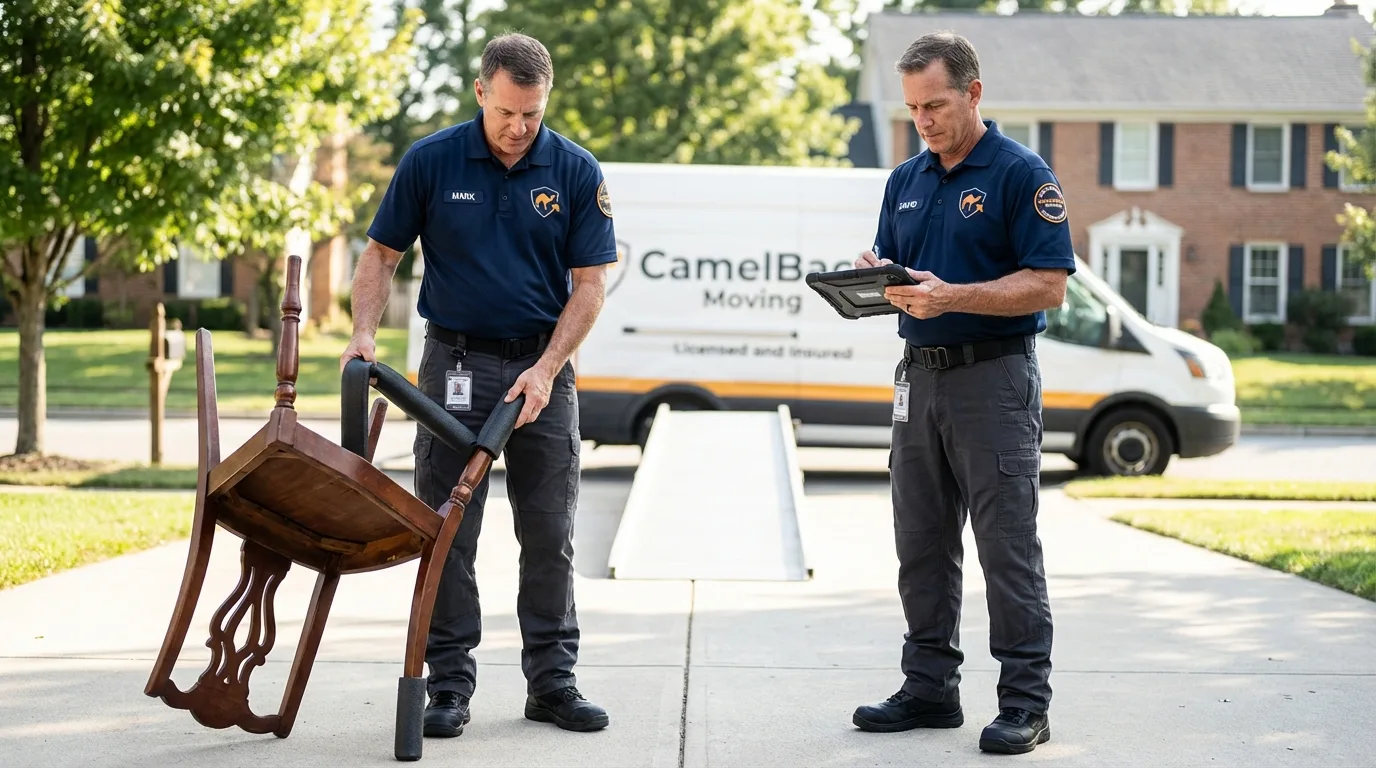 Movers inspecting furniture for damage prevention before loading in Peotone, IL